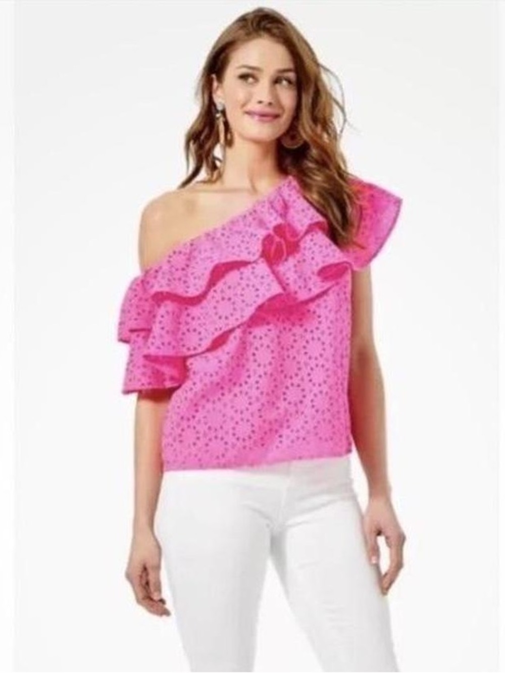 NWT $138 Lilly Pulitzer Trixie Ruffle Top - Raz Berry Neon Sunburst, Size Small